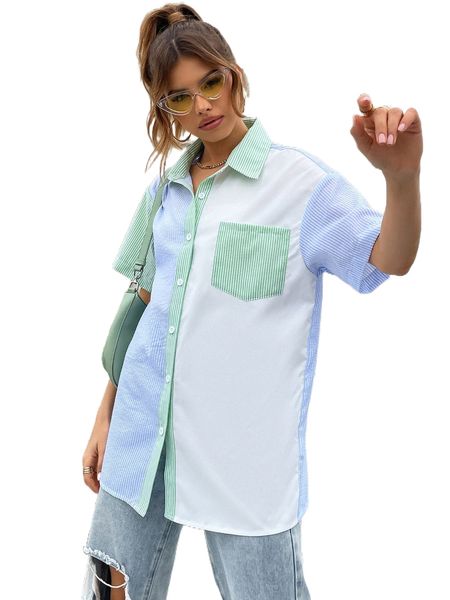 

collared pocket front spliced striped blouse m9kn#, White