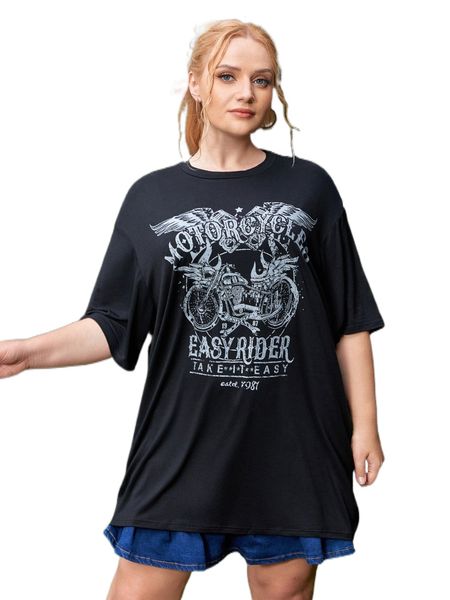 

plus slogan & motorcycle print drop shoulder tee z3gi#, Black