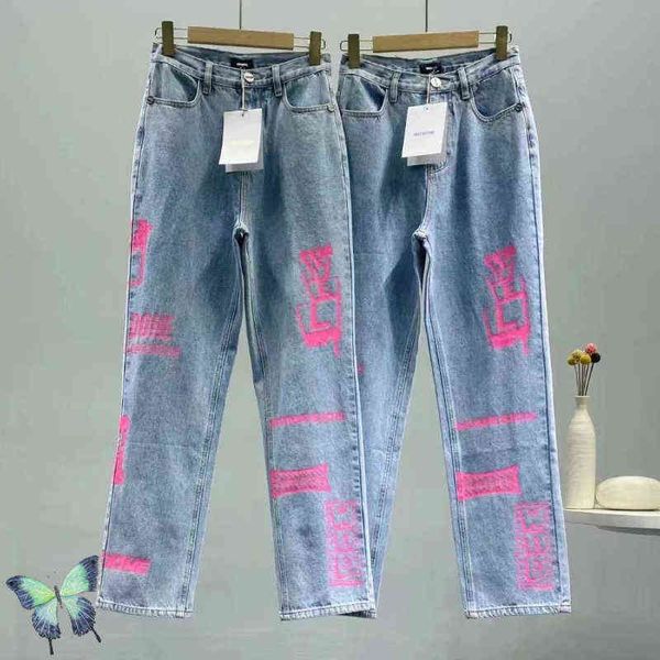 

straight loose let welldone denim jeans we11done printed fluorescent graffiti denim trousers pants t220726, Blue