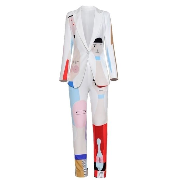 

womens sets long sleeve cartoon geometric print one button turndown collar blazer pencil pants fashion suit autumn y200110, White