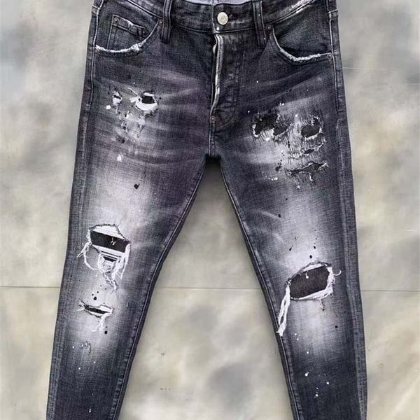 

men's jeans 2022 men's korean fashion trendy black ground white micro elastic small foot letter printed paint jeans trousers a2yp, Blue