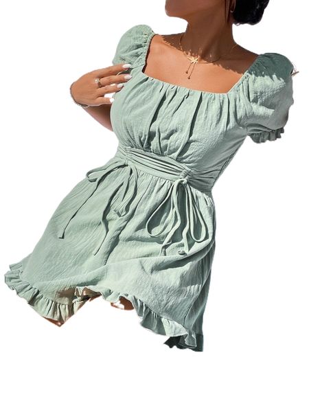 

puff sleeve square neck drawstring front shirred ruffle hem romper u7pi#, Black;white