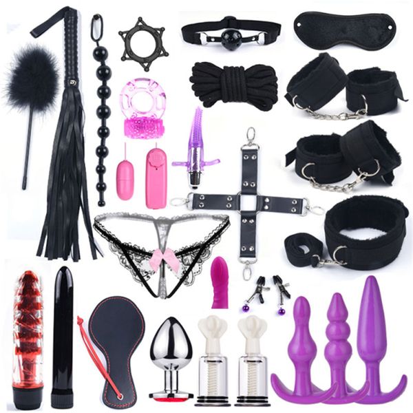 Giocattoli sexy per donna Uomo Manette Morsetti per capezzoli Frusta Sculacciata sexyy Silicone Metallo Plug anale Butt Bdsm Bondage per adulti Set Articoli di bellezza