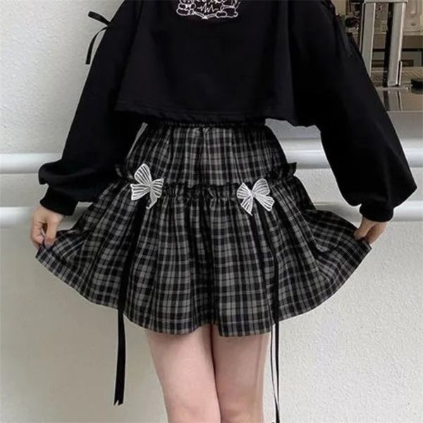 

houzhou kawaii gothic lolita plaid skirt women goth bow black high waist a-line mini skirts japanese style harajuku soft girl 220408