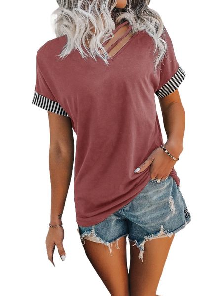 

striped trim strappy detail tee a45i#, White