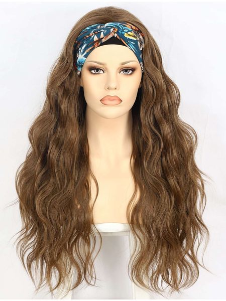 

1pc natural long curly synthetic wig with headband & 1pc wig cap, Golden;white