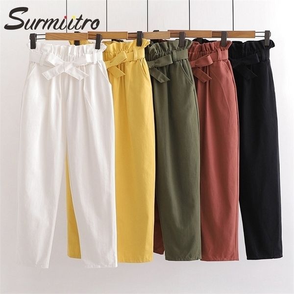 

surmiitro korean style ankle harem pants women spring summer black white lace up female pants high waist trousers femme 201228