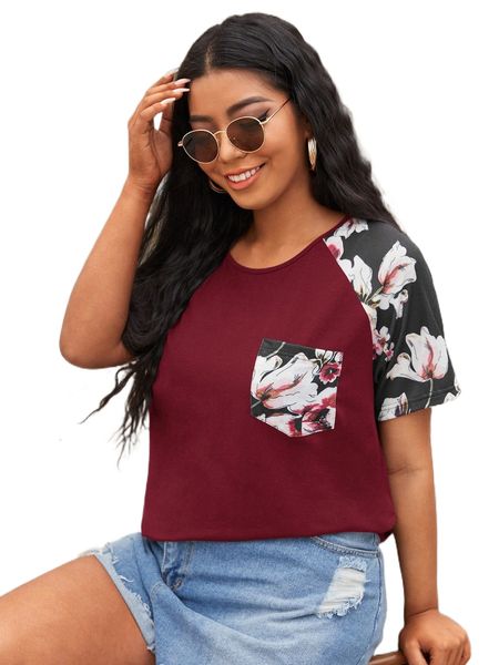 

plus floral raglan sleeve tee c6j7#, Black