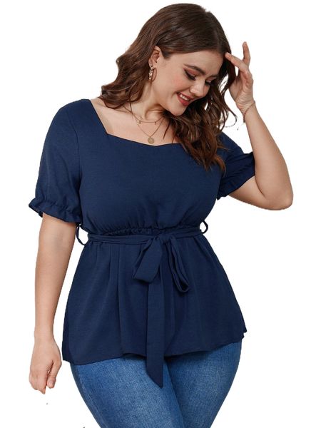 

plus sweetheart neck puff sleeve peplum hem belted blouse s0ni#, Black