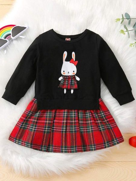 

baby rabbit print tartan panel 2 in 1 sweatshirt dress she, Black