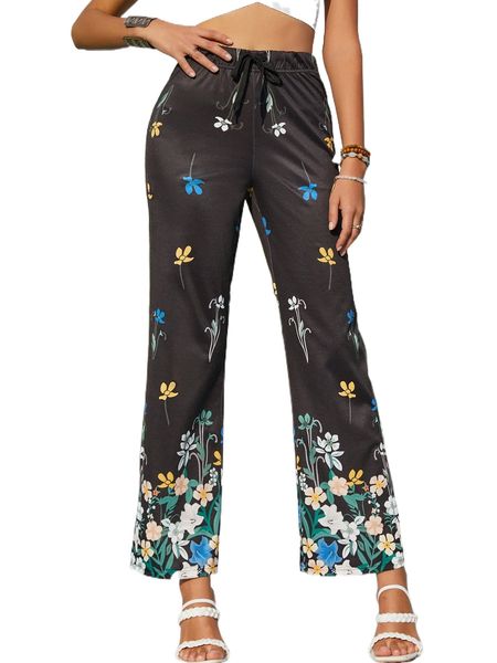 

floral print drawstring waist pants i7ml#, Black;white