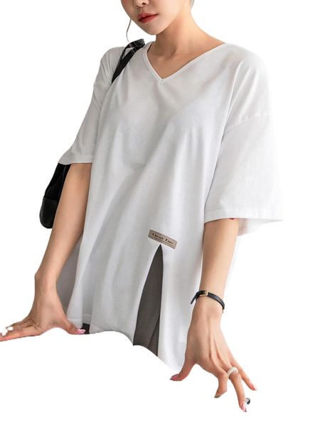 

dazy letter patched v neck split hem tee j5xz#, White