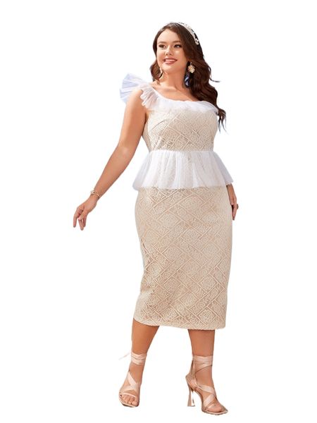 

plus contrast mesh ruffle trim peplum guipure lace dress w2xg#, Black