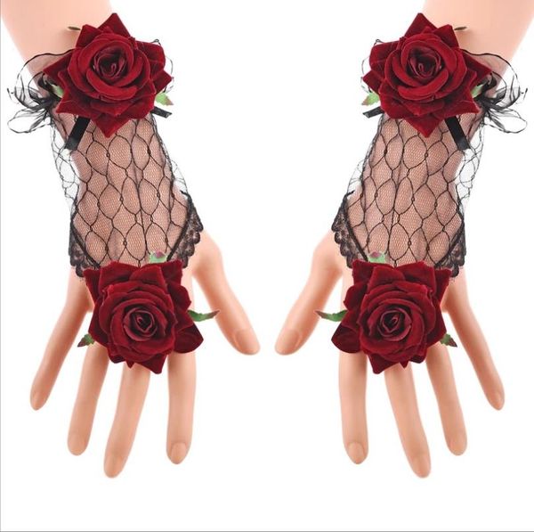 Gotik Fishnet Eldivenler Rhinestone Dantel Tül Partisi Kostüm Aksesuarları Düğün Lolita Victoria Çiçek Gelinler Nedime Bow Mittens