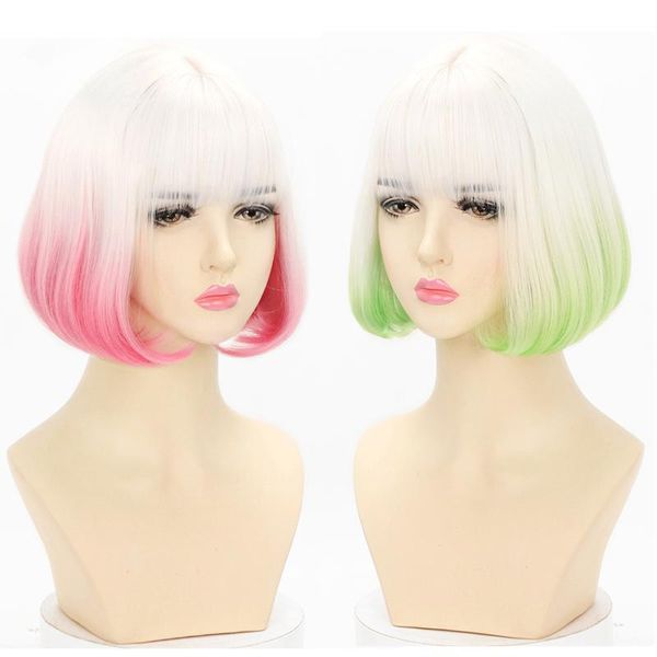 Altri articoli per feste per eventi Parrucca rosa bianca sfumata Harajuku Capelli freddi Verde marrone Corto dritto Kawaii Lolita Ragazze chic per adulti Donne Cosp