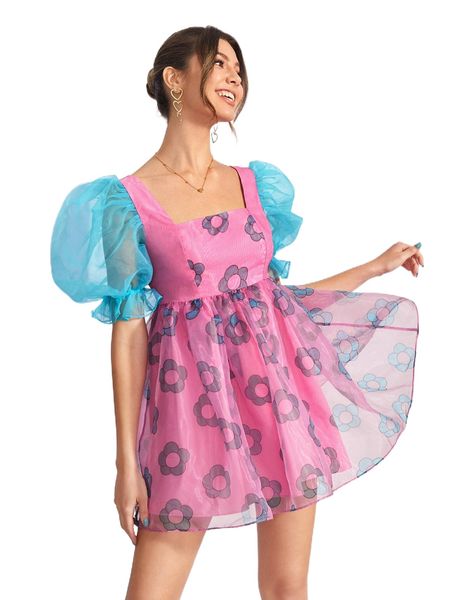 

x the moon in leo floral print contrast puff sleeve organza dress e66q#, Black;gray