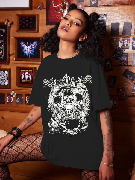 

romwe skull & floral print tee q6df#, White