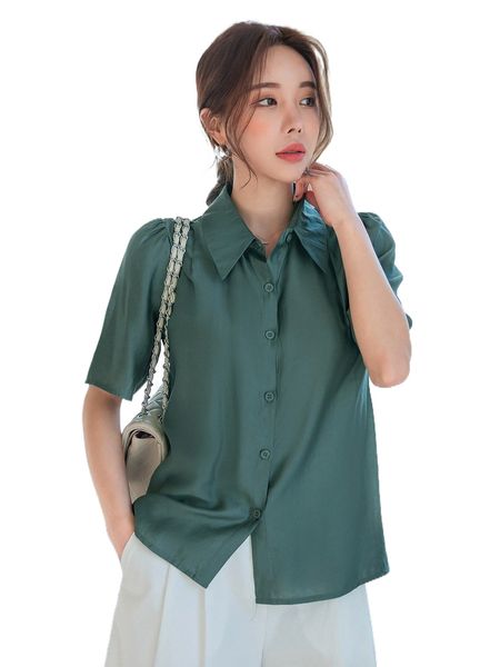 

dazy button through puff sleeve blouse t4h5#, White