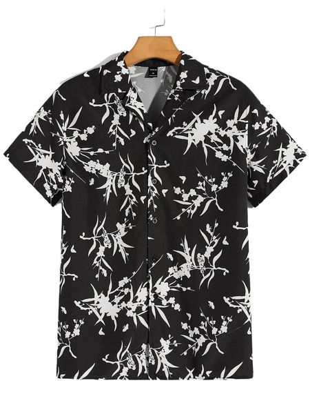 

men floral print revere collar shirt v4k2#, White;black