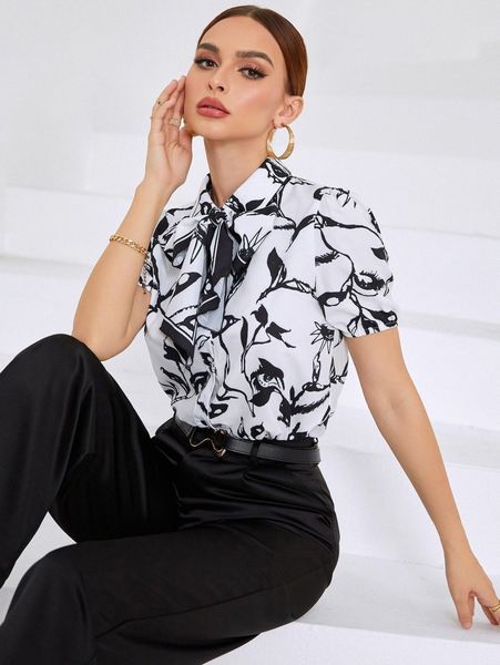 

eye & floral print tie neck blouse o6g1#, White