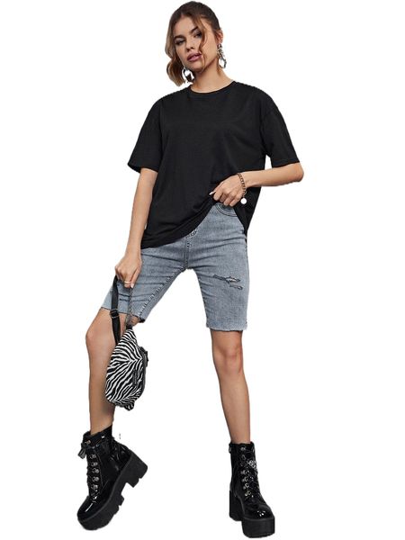 

solid round neck drop shoulder tee u5bn#, White