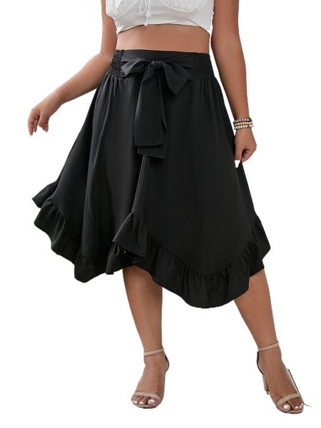 

plus shirred waist asymmetrical ruffle hem knot front skirt r813#, Black