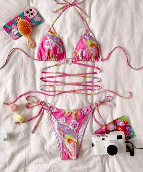 

bikinx floral lace up waist ring detail bikini swimsuit z4aj#, White;black