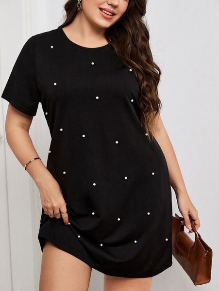 

plus pearls tee dress j1fz#, Black