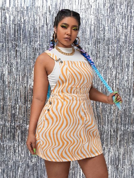 

plus wave striped print denim overall dress without tank x1s3#, Black
