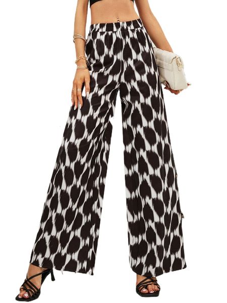 

allover print wide leg pants m7p0#, Black;white