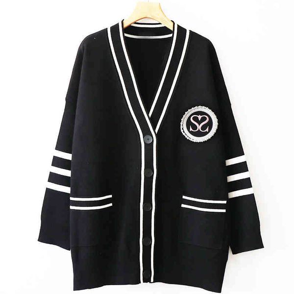 

women's knits & tees fadan s family's color contrast stripe letter embroidery v-neck lazy and mediocre outside with small fragranc, White