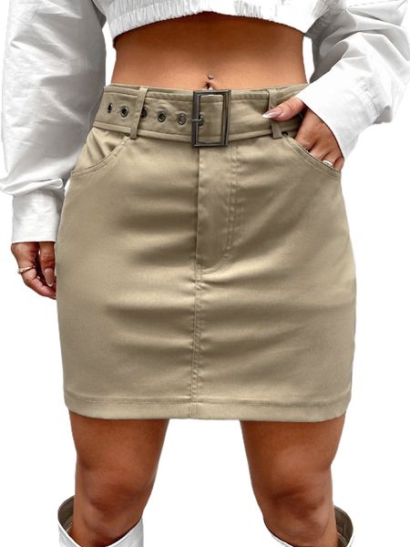 

buckle belted slant pocket skirt n2g9#, Black