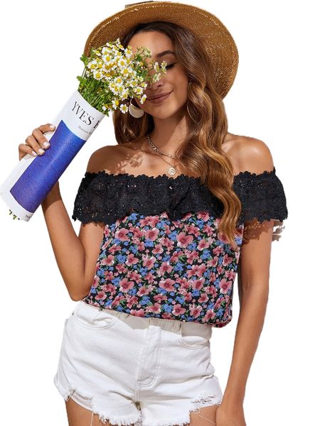 

floral print contrast lace off shoulder blouse r9a1#, White