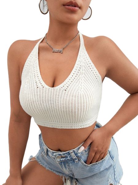 

tie backless halterneck crop knit k36b#, White;black