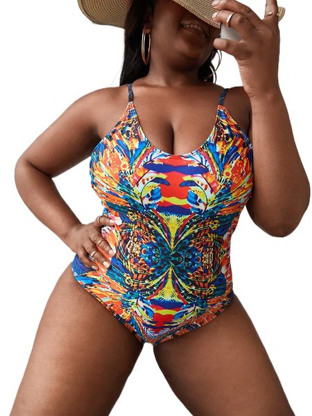 

plus allover print criss cross one piece swimsuit p1mw#, White;black