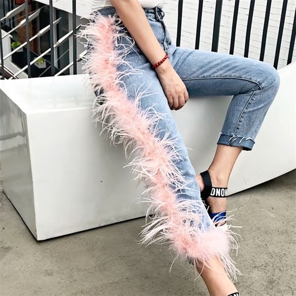 

lanmrem new fashion women high waist broken tassels fur patchwork washted jeans female pants wh61705l high street 201109, Blue