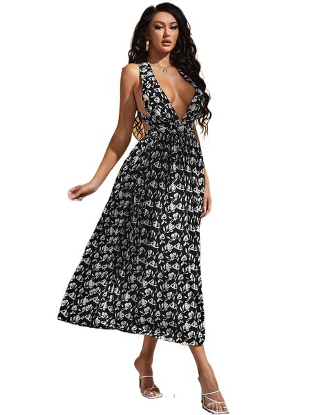

floral print criss cross backless dress 88vn#, Black;gray