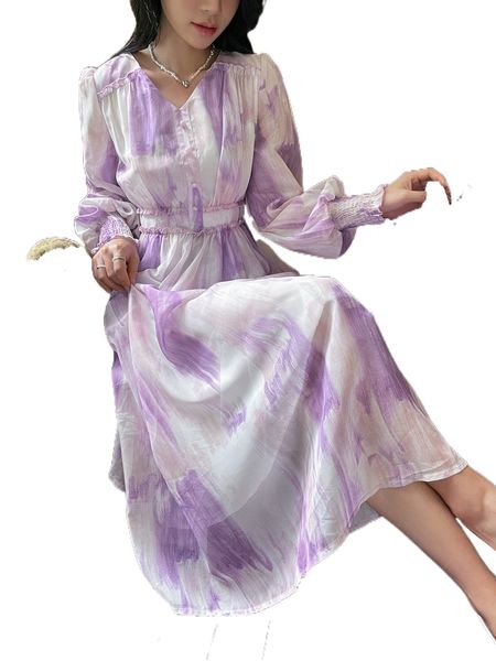 

dazy tie dye bishop sleeve shirred cuff a-line dress e2z4#, Black;gray