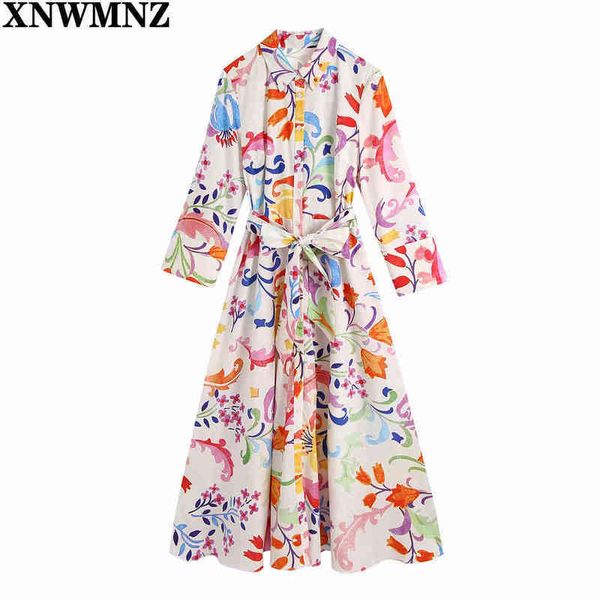 

xnwmnz women fashion with belt floral print midi dress vintage three quarter sleeve buttonup female dresses muje chic robe 210513, Black;gray