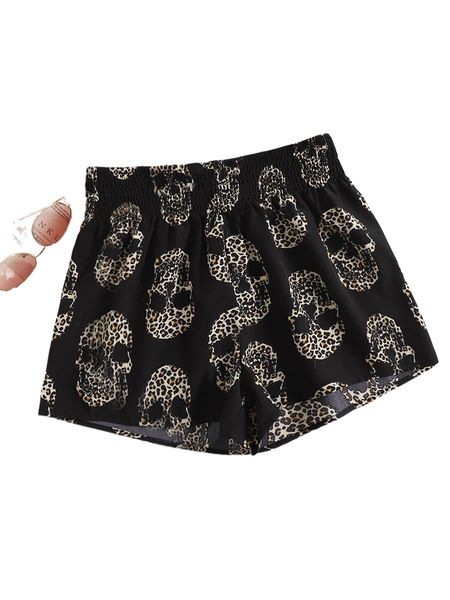 

leopard skeleton print shirred shorts w1zn#, White;black