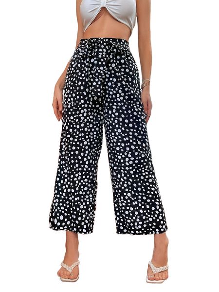 

all over print paperbag waist pants m2tl#, Black;white