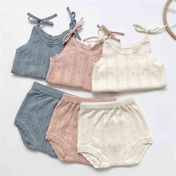 

sweet cotton knitt strap shirt+short pants suit for toddler girls clothing set newborn baby girls outfits princess costumes aa220323, White