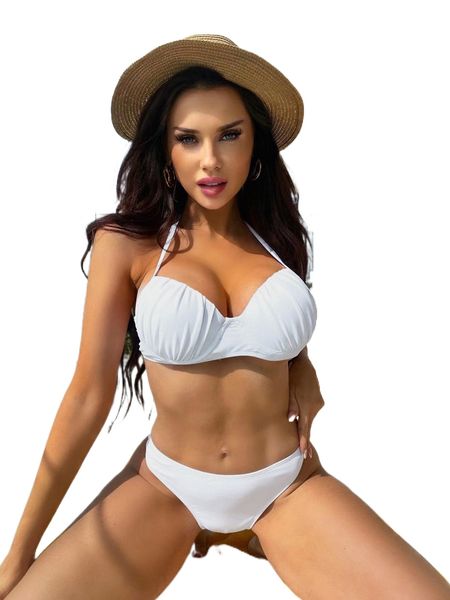 

ruched bust halter push up bikini swimsuit d1z3#, White;black