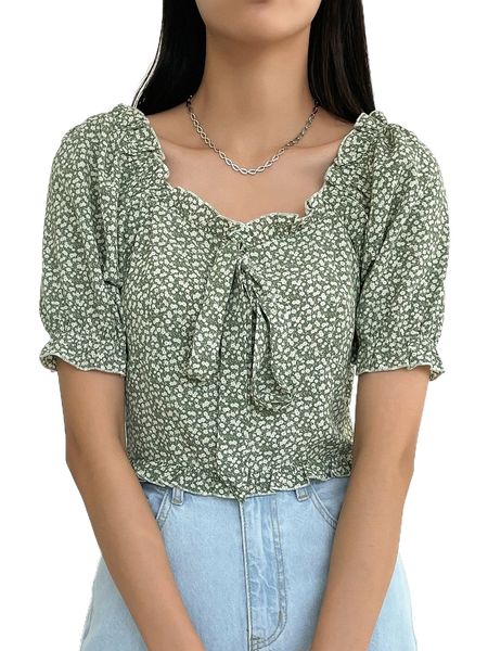 

dazy ditsy floral puff sleeve tie front frilled blouse q1wg#, White