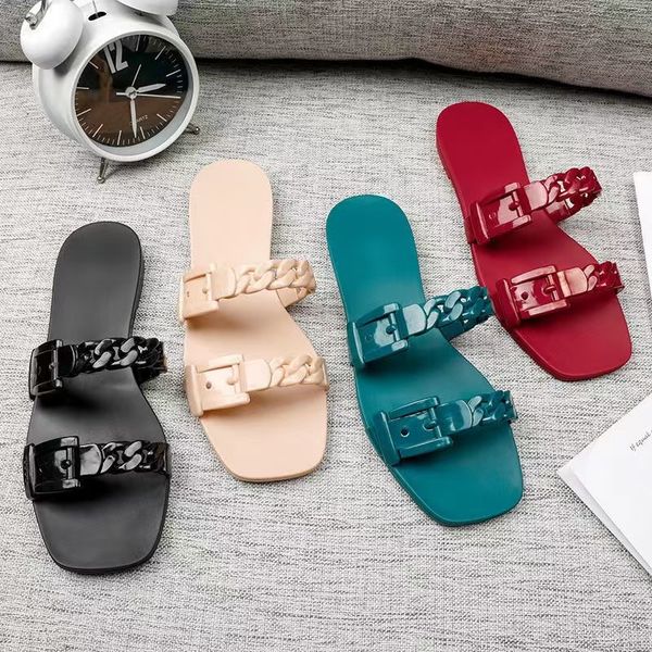 

2022 new slipper women's non-slip summer op33 casual wear chain flat flat european and american fashion versatile jelly beach sandals, Black