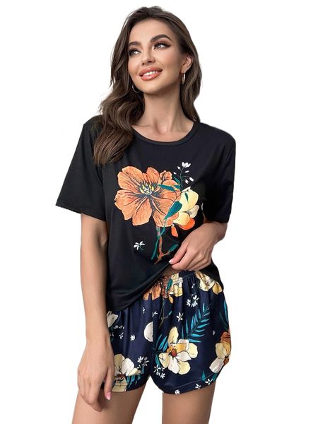 

floral print elastic waist pj set o1re#, Black;red