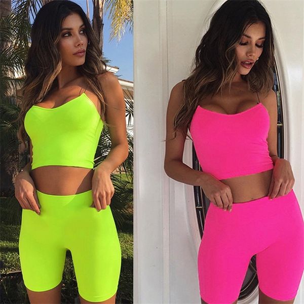 Summer Mulher Neon Color Duas peças do ombro Hollow Out Crop Top Elastic High Shorts Rouno Rouno de Roupa 220526