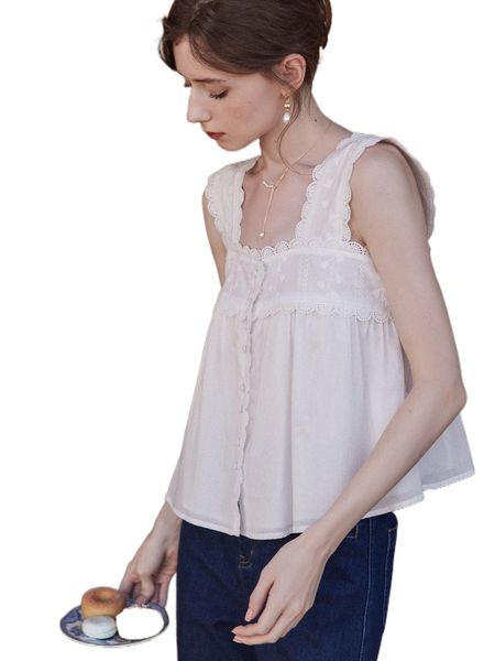 

simple retro contrast eyelet embroidery scallop trim tank y5uo#, White