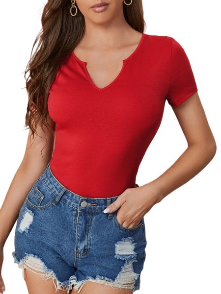 

solid notched neckline slim tee h3oz#, White