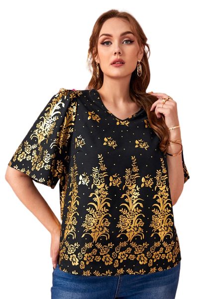 

plus botanical print flutter sleeve b9if#, Black